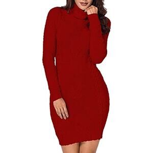 Niubia Women's Sweater Dress Midi Sweater Turtleneck Sweater Knit Red Dress L